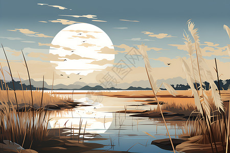 湿地芦苇夕阳下的湿地与芦苇插画