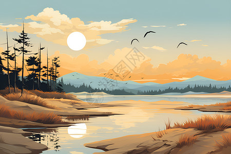 日出湖畔飞鸟背景背景图片