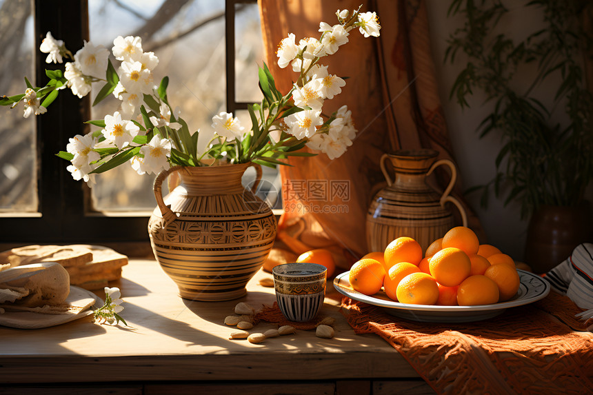 桌子上的花瓶和水果图片