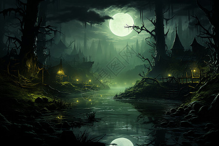 月光森林里的沼泽背景图片