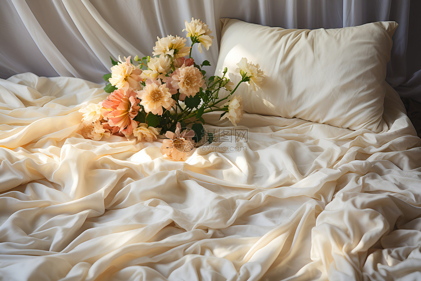 丝绸床单上的鲜花图片