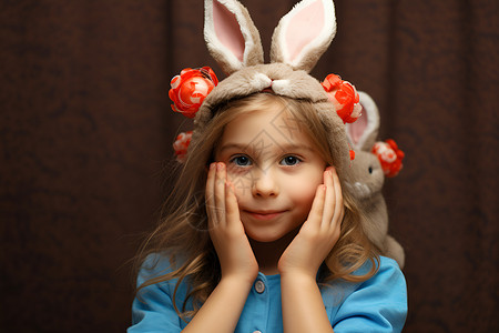 小女孩戴着兔耳帽背景图片