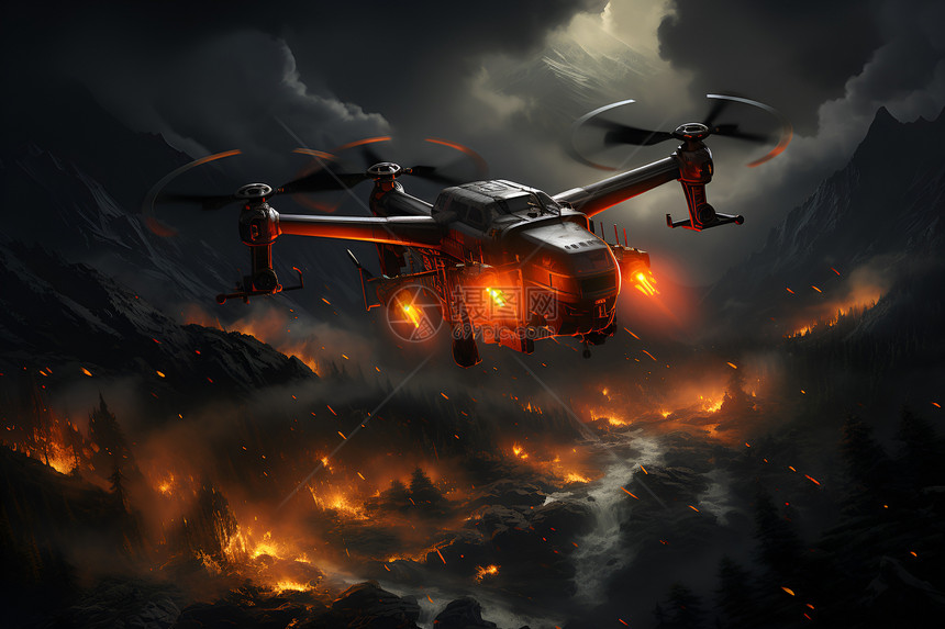 燃烧森林上的无人机图片