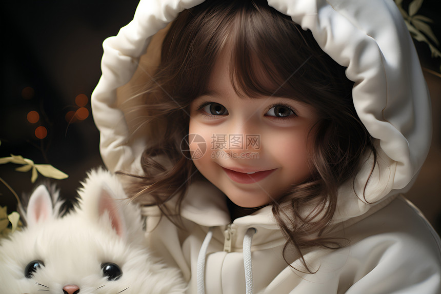 可爱的小女孩与白猫图片
