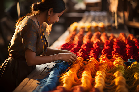 女工在手织机上工作背景图片