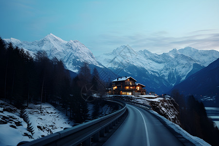 雪山下的村庄公路背景图片