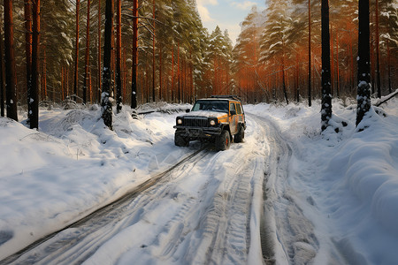 雪地林间的卡车背景图片