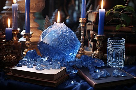 魔法蓝水晶与蜡烛背景图片