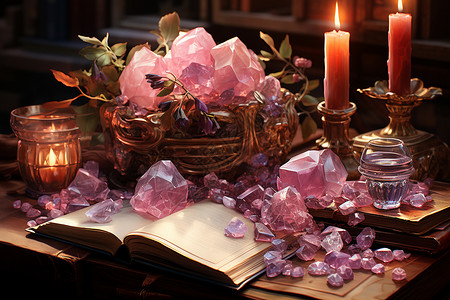 紫色水晶在书籍旁边背景图片
