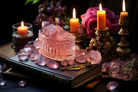 花朵围绕边框神奇的粉色水晶群围绕着蜡烛背景