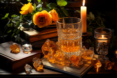 冥想桌上的魔法黄水晶背景图片