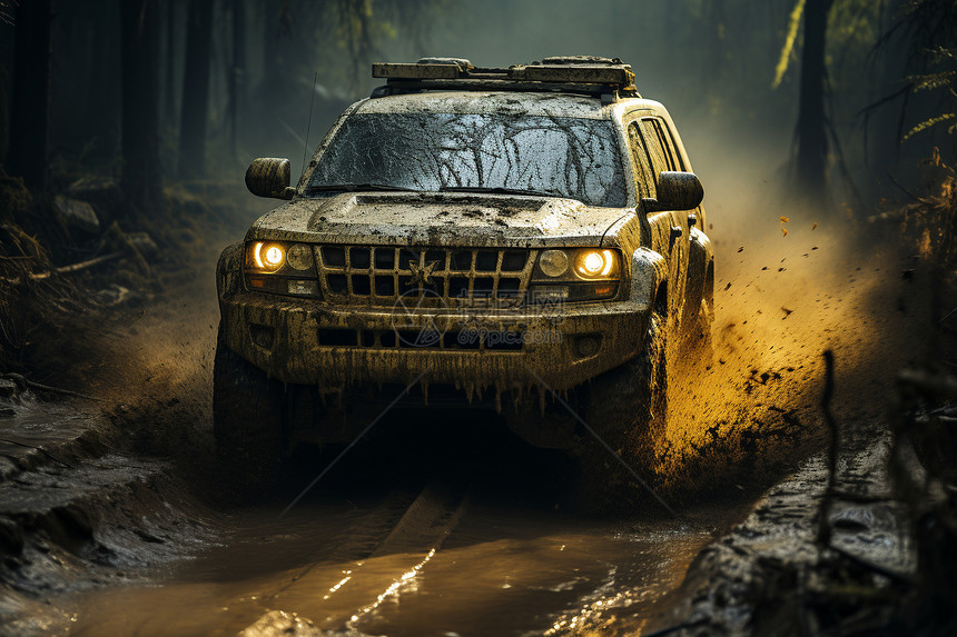 黄色卡车在泥泞的森林道路上图片