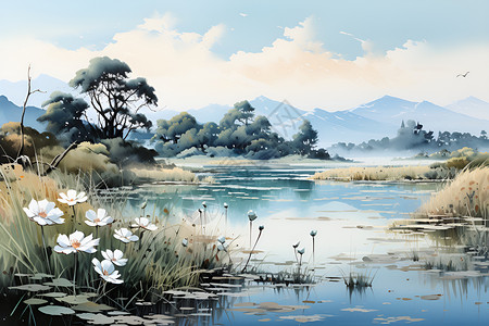 湖畔美景背景图片