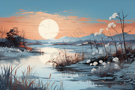 唯美湖光山色白露的湖光山色插画