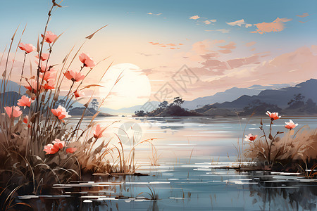 唯美湖光山色白露时节的湖光山色插画
