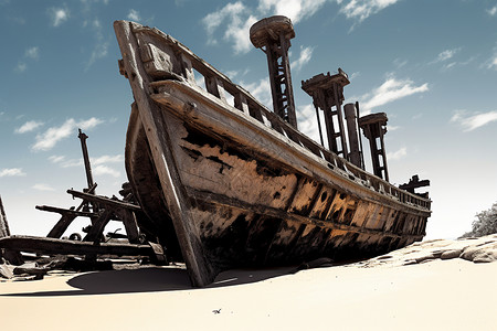 沙滩上腐败的船只残骸背景