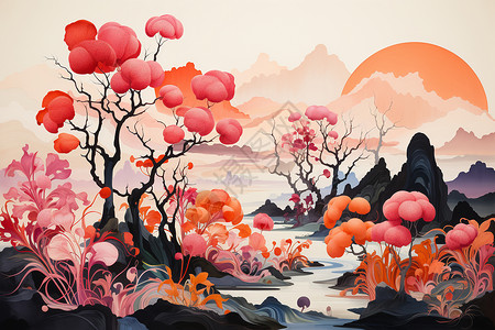 中国风果树绘画背景图片