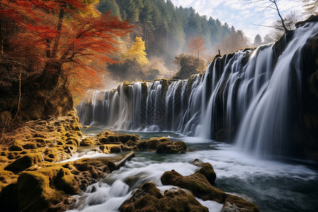 秋日瀑布美景背景图片