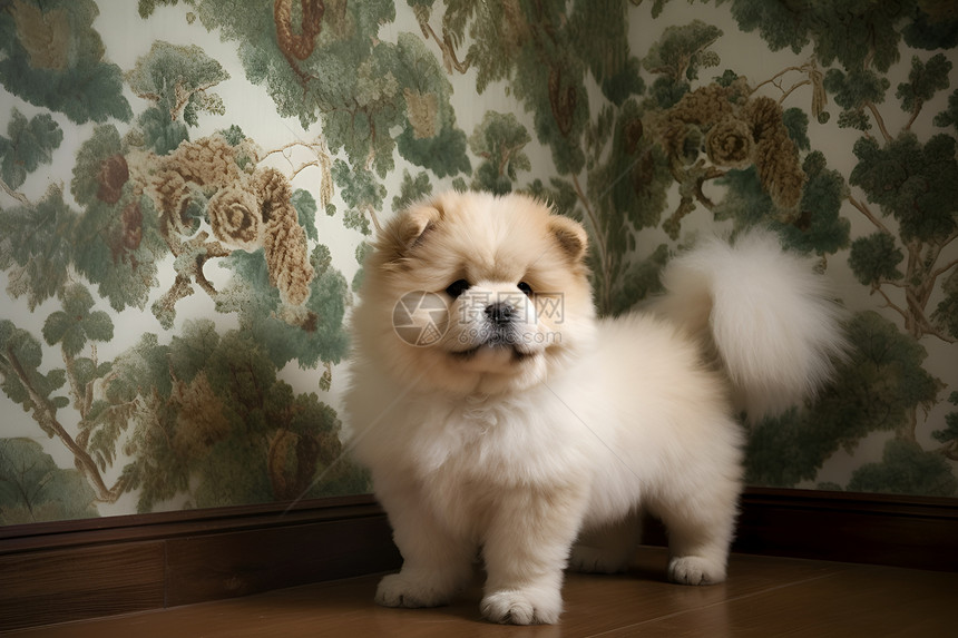 小狗站在花纹墙壁前图片
