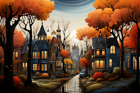 秋色小城充满童话色彩背景图片
