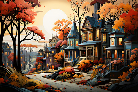 秋日美景房屋背景图片