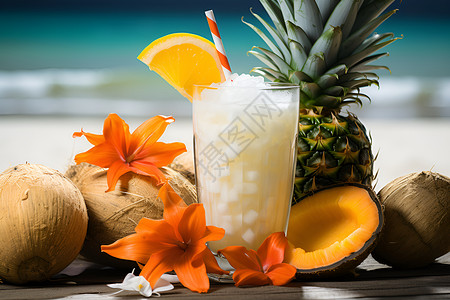 海滩上菠萝海滩上的热带水果和饮料背景