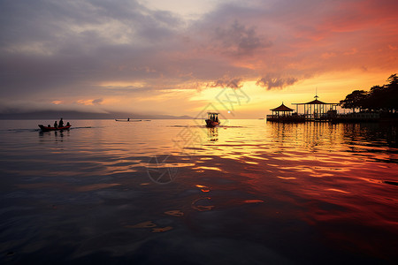 日落海景海滩渔船高清图片