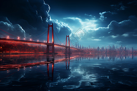 一座悬索桥越过湖面的倒影设计图片
