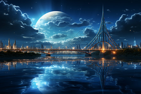 湖面月光月光照耀下一座桥设计图片