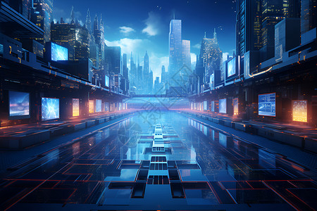 计算机代码未来派的二进制代码城市背景插画
