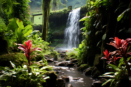 热带森林中的瀑布背景图片