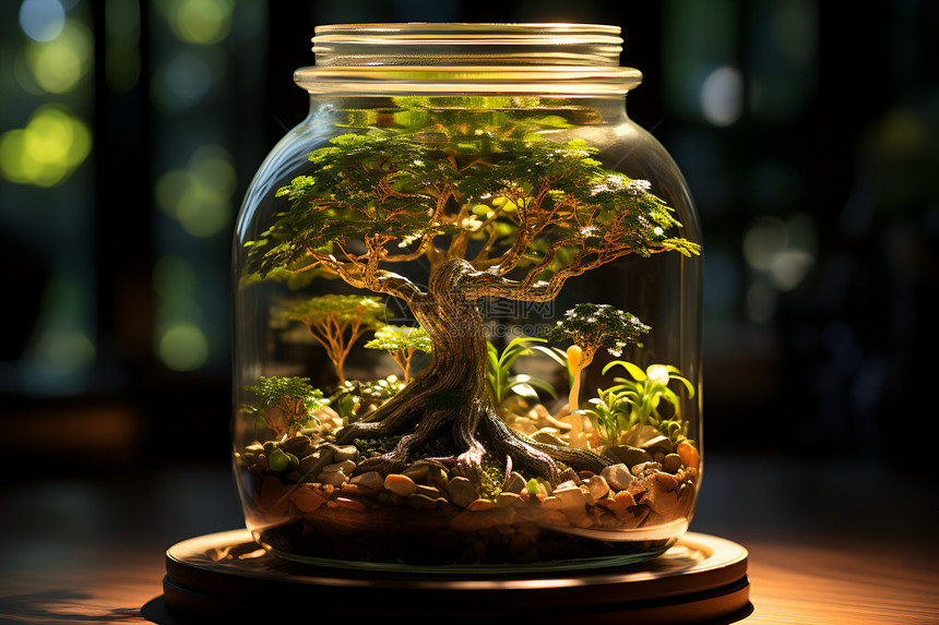 玻璃瓶中的树木图片