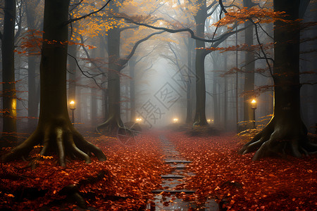 梦幻神秘的秋季森林背景图片