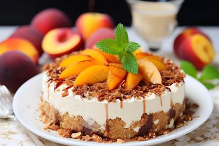 餐盘中的桃子慕斯蛋糕背景图片