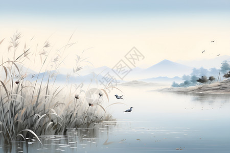 湖光山色鸟翅云烟的艺术插图高清图片