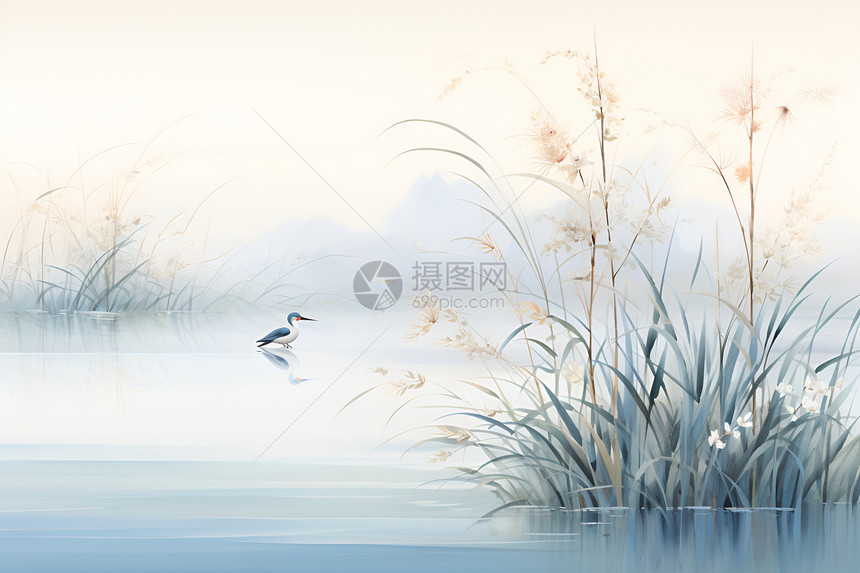手绘艺术的湖光山色景观图片
