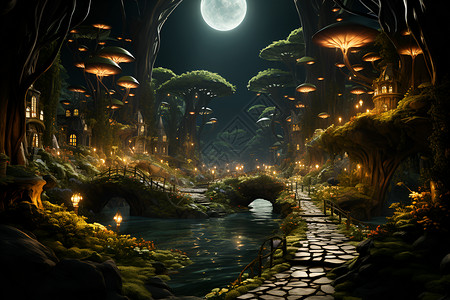 梦幻的月下森林景观背景图片