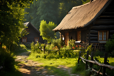 美丽古朴i林中小屋的美丽景观背景