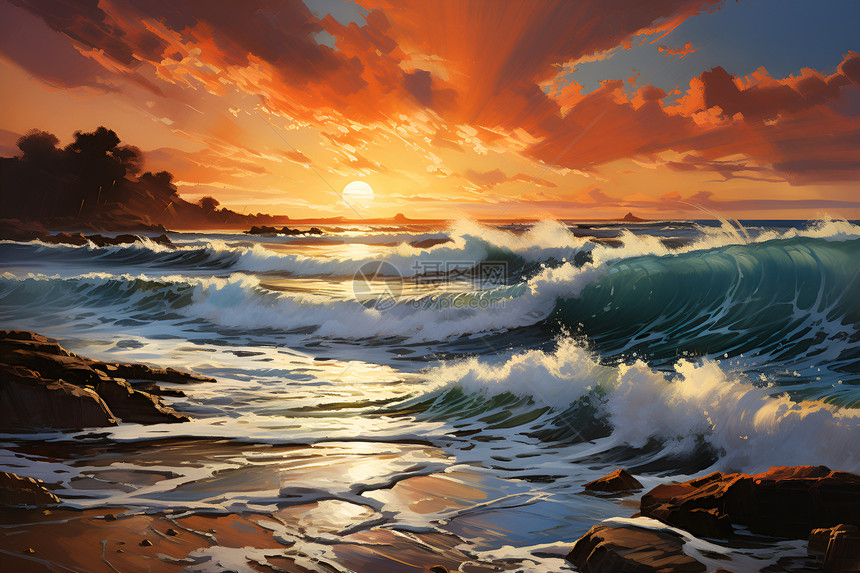 夏季日落时分的迷幻海洋图片