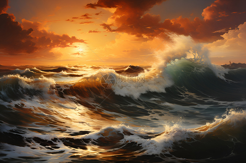 手绘艺术的日落海洋景观图片
