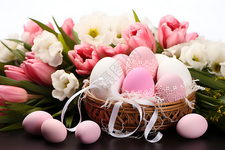 复活节的彩蛋和花朵背景图片