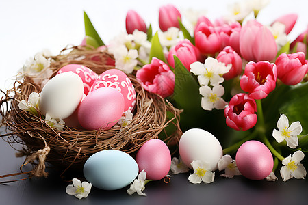 精美的复活节彩蛋和花朵背景图片