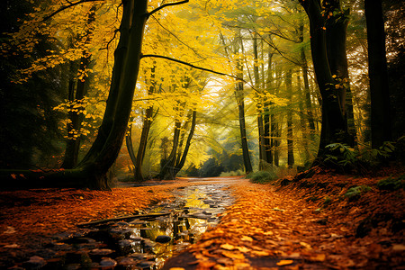 美丽的秋季森林小径景观背景图片