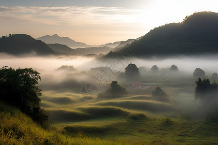 清晨山间迷雾中的乡村风光背景图片