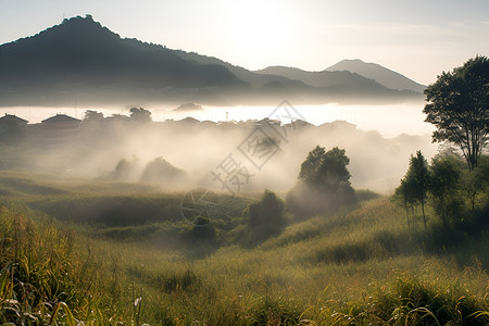 田园晨雾的美丽景观背景图片