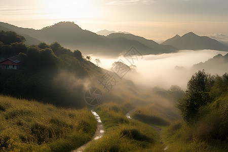日出迷雾笼罩的山间景观背景图片
