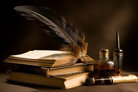 羽毛钢笔桌子上的书籍背景