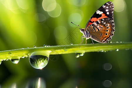 水滴昆虫水草绿色植物上的蝴蝶背景