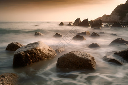 海边夕阳下的石滩背景图片