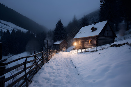 森林中的冰雪和小屋背景图片